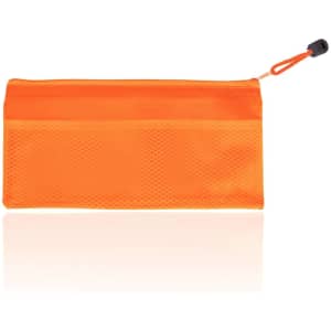 An orange pencil case with a mesh front and a zippered closure, featuring a pull tab.
