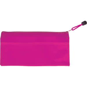 A bright pink pencil case featuring a textured design and a zip closure. Includes a cord for easy carrying.