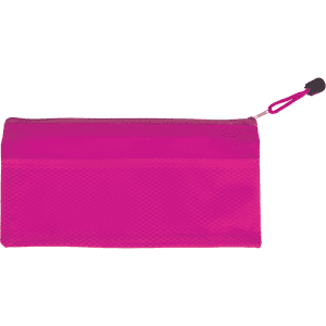 A bright pink pencil case with a mesh section and a zipper closure. It features a logo on the surface.