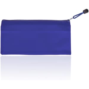 A blue pencil case with a zip closure and a drawstring pull, featuring a textured surface.