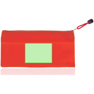 A red pencil case with a textured surface and a green rectangular label area. Features a zip closure and a pull tab.