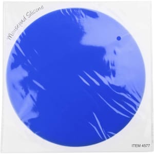 A blue silicone mousepad with a smooth surface, featuring a circular shape and a small hole.
