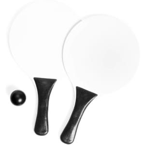 Two white beach rackets with black handles and a small black ball, displayed together.