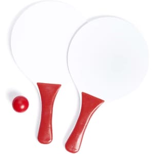 Two white beach rackets with red handles and a red ball, arranged on a white background. The image features a logo.