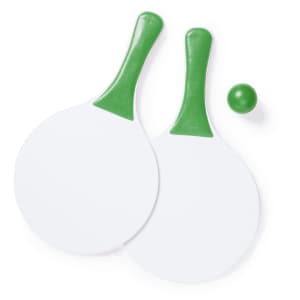 Two green-handled beach rackets and a small green ball, featuring white paddles and a smooth finish.