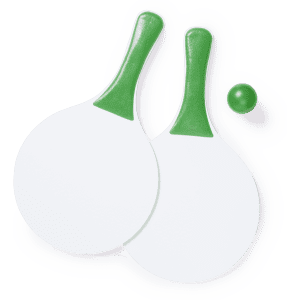 Two white beach rackets with green handles and a small green ball alongside them.