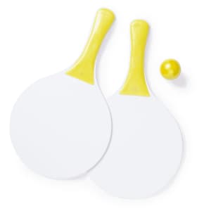 Two white beach rackets with yellow handles and a yellow ball. The image features a simple, clean design with no text.