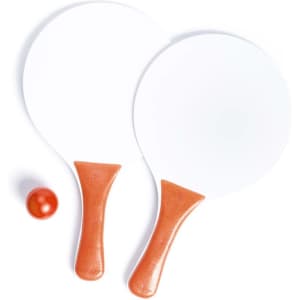 Two white beach rackets with orange handles and a small red ball beside them, featuring a logo on the rackets.
