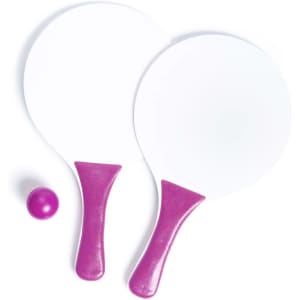 A set of two white beach rackets with pink handles and a pink ball. Suitable for outdoor leisure activities.