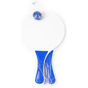 A pair of beach rackets in white with blue handles, featuring a blue ball, packaged together.