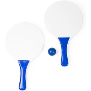 Two white beach rackets with blue handles and a blue ball in the centre. The rackets have a smooth surface.