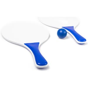 Two white beach rackets with blue handles and a blue ball. The rackets have a smooth, paddle-like design.