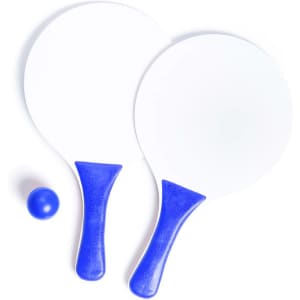 Two white beach rackets with blue handles and a blue ball included. The set is designed for outdoor leisure activities.