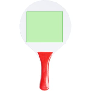 A beach racket with a circular white face, green centre, and a red handle. It features a logo on the side.