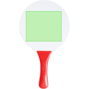 A white beach racket with a green rectangular face and a red handle. Features a logo on the surface.