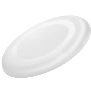 A white frisbee with a smooth surface and a circular shape, featuring a logo in the centre.