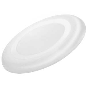 A white frisbee with a smooth surface and a circular shape, featuring a logo in the centre.