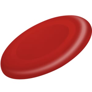 A red frisbee featuring a smooth design and a logo on the surface.