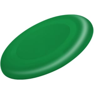A green frisbee with a smooth, rounded design and a logo on the surface.