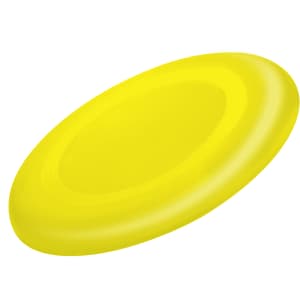 A yellow frisbee with a smooth, rounded design and a centre indentation. It features a logo on the surface.