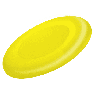 A yellow frisbee with a smooth surface and rounded edges, featuring a logo on the top.