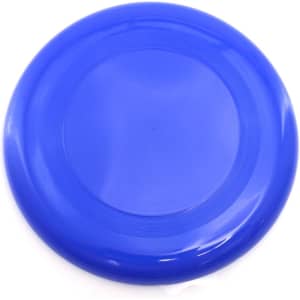 A blue Frisbee with a smooth surface and a circular shape. It features a logo on the top.
