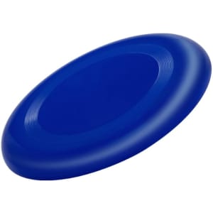 A blue Frisbee with a smooth surface and a slight groove around the centre, featuring a logo.