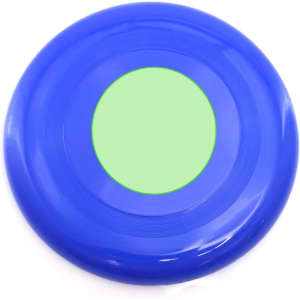 A blue frisbee with a green centre circle, featuring a logo on its surface.