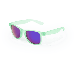 Sunglasses with a mint green frame and purple-tinted lenses, displayed on a white background.