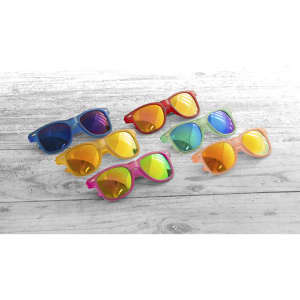 A collection of Nival sunglasses in various colours, featuring mirrored lenses and playful frames, arranged on a wooden surface.