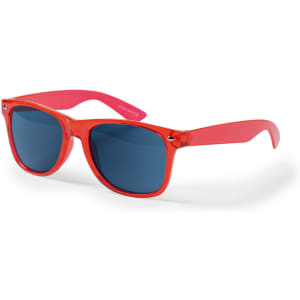 Red sunglasses with blue tinted lenses and a sleek design, featuring a logo on the temple.