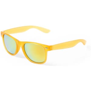 Yellow sunglasses with reflective lenses, featuring a logo on the arm. Ideal for leisure and outdoor activities.