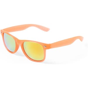 Orange sunglasses with mirrored lenses displayed against a plain background. The product features a logo on the side.