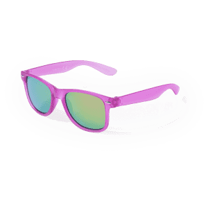 Purple sunglasses with green mirrored lenses and a logo on the side.