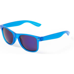 Blue sunglasses with dark lenses, featuring a logo on the arm, ideal for leisure and outdoor activities.