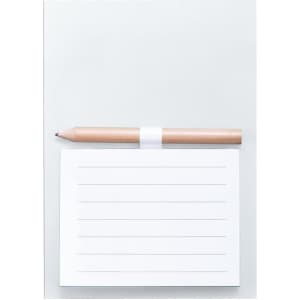A magnetic to-do list with a blank white notepad and a wooden pencil, featuring a light grey background.