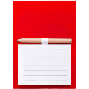 A red magnetic to-do list with a wooden pencil placed on top, featuring blank lines for notes.