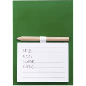 A green magnetic to-do list with a white notepad and a wooden pencil attached.