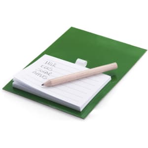 A green magnetic to-do list pad with a wooden pencil, featuring white lined pages for notes.