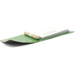 A green magnetic to-do list with a notepad and a wooden pencil. It has a simple, sleek design.