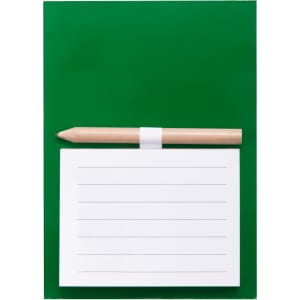 A green magnetic to-do list with a blank white notepad and a wooden pencil attached.