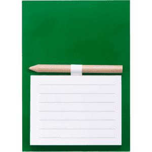 A green magnetic notepad with a wooden pencil attached, featuring blank lines for notes.