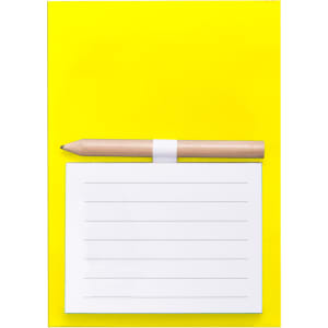 A yellow magnetic to-do list with a white notepad and a wooden pencil on top. There is a logo present on the notepad.