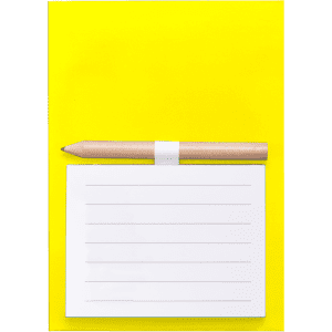 A yellow magnetic notepad with a white lined note section and a wooden pencil attached.