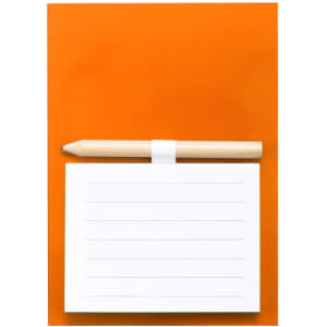 A magnetic orange notepad with lined white pages and a wooden pencil attached.