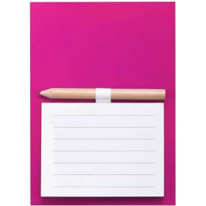A pink magnetic to-do list with a white lined note pad and a wooden pencil attached.
