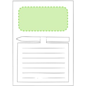 A magnetic notepad with a green header and lined sections, accompanied by a pen illustration.