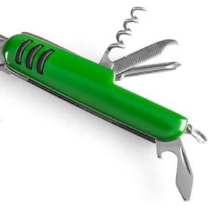 A green multifunction pocket knife with various tools including a corkscrew and screwdriver, featuring a logo.