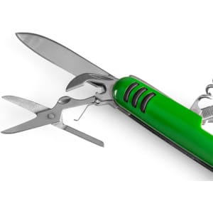 A green multifunction pocket knife featuring a knife blade and scissors, with a keyring attachment.