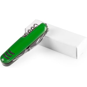 A green multifunction pocket knife with various tools, placed beside a plain white box.